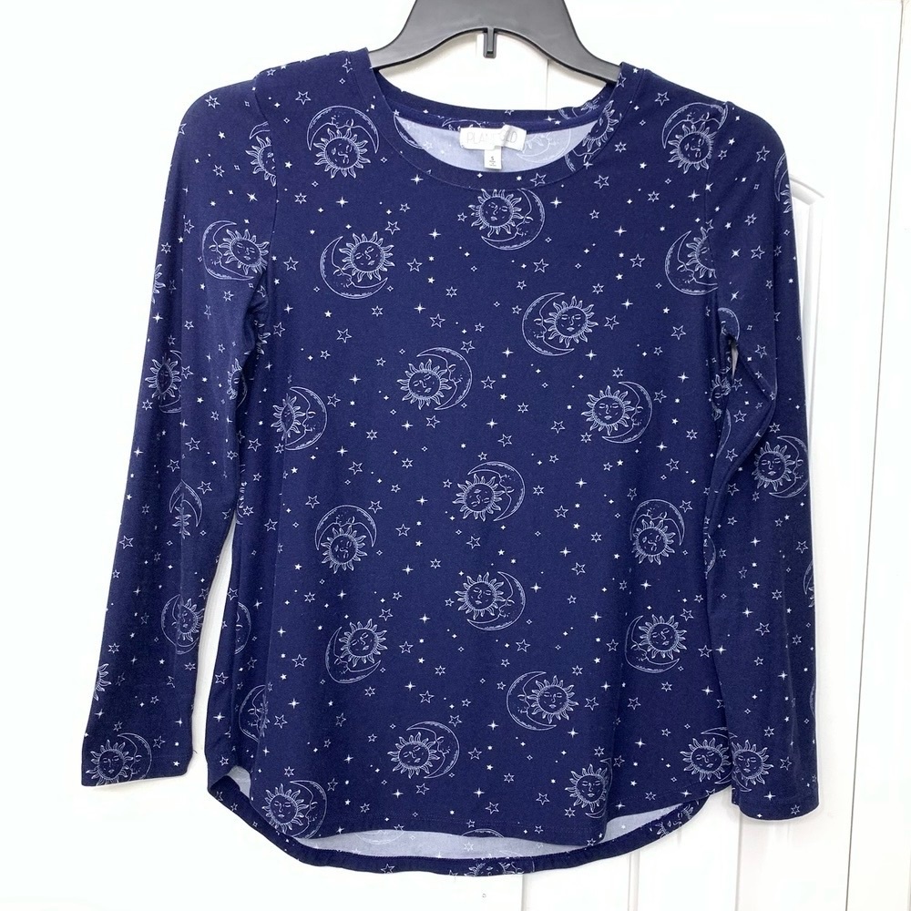 Planet Gold Navy Blue Celestial Long Sleeve Tee Shirt Casual Top Women’s size S